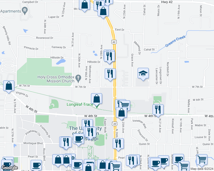 map of restaurants, bars, coffee shops, grocery stores, and more near 6313 U.S. 49 in Hattiesburg