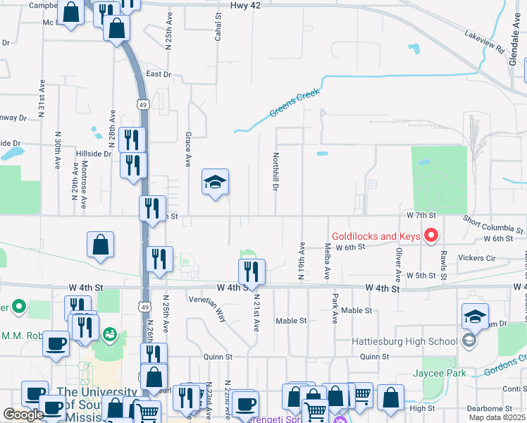 map of restaurants, bars, coffee shops, grocery stores, and more near 709 Longstreet Drive in Hattiesburg