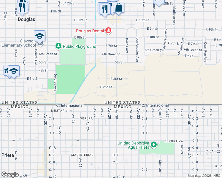 map of restaurants, bars, coffee shops, grocery stores, and more near 1846 East 2nd Street in Douglas