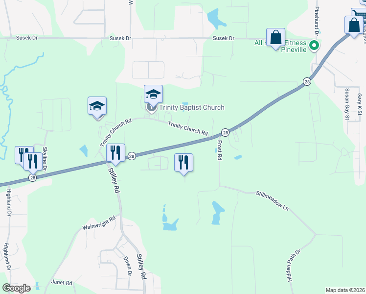 map of restaurants, bars, coffee shops, grocery stores, and more near 4065 Louisiana 28 in Pineville