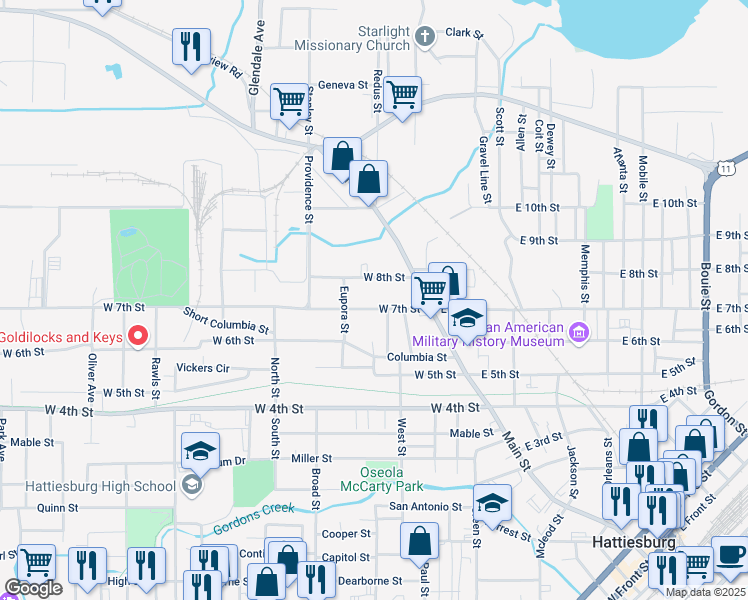map of restaurants, bars, coffee shops, grocery stores, and more near 116 W 8th St in Hattiesburg