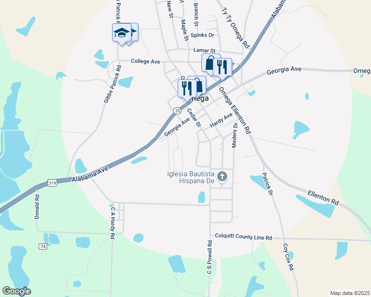 map of restaurants, bars, coffee shops, grocery stores, and more near 158 Hilltop Circle in Omega