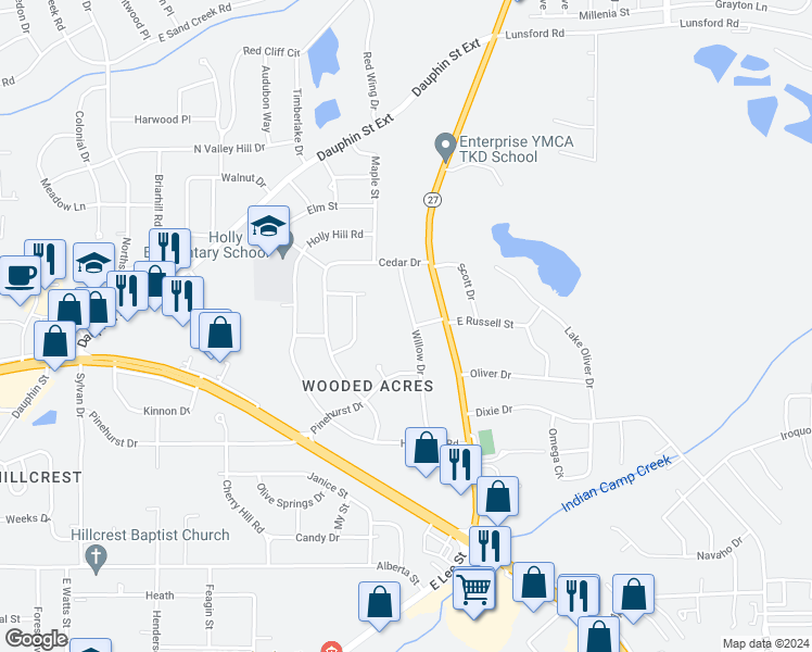 map of restaurants, bars, coffee shops, grocery stores, and more near 114 Willow Drive in Enterprise