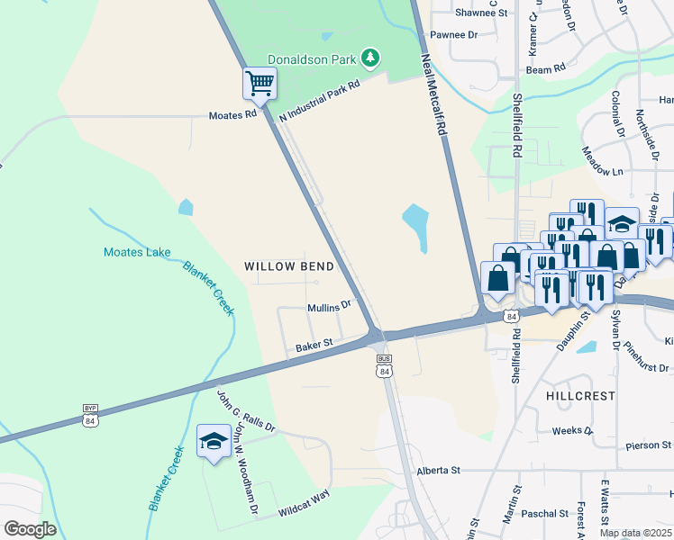map of restaurants, bars, coffee shops, grocery stores, and more near 108 Gunter Lane in Enterprise