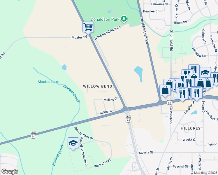 map of restaurants, bars, coffee shops, grocery stores, and more near 108 Gunter Lane in Enterprise