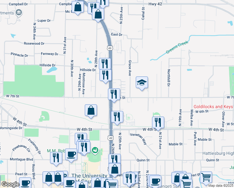 map of restaurants, bars, coffee shops, grocery stores, and more near 2503 West 7th Street in Hattiesburg