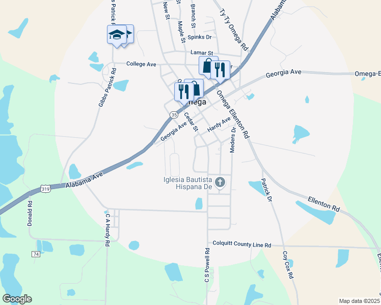 map of restaurants, bars, coffee shops, grocery stores, and more near 158 Hilltop Circle in Omega