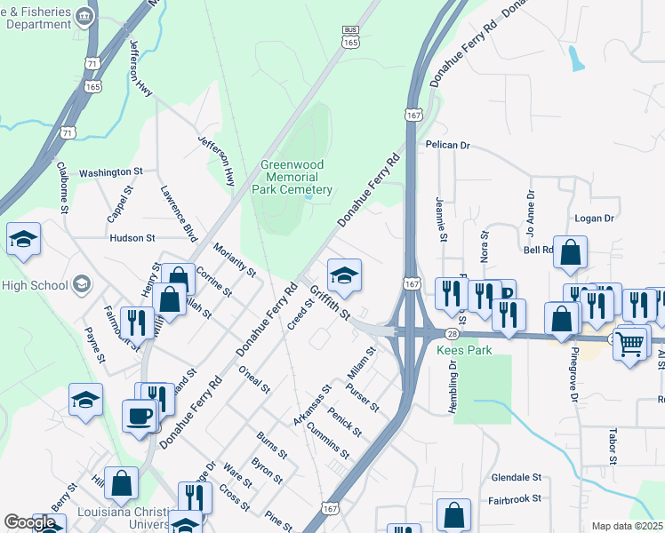map of restaurants, bars, coffee shops, grocery stores, and more near 1900 Donahue Ferry Road in Pineville