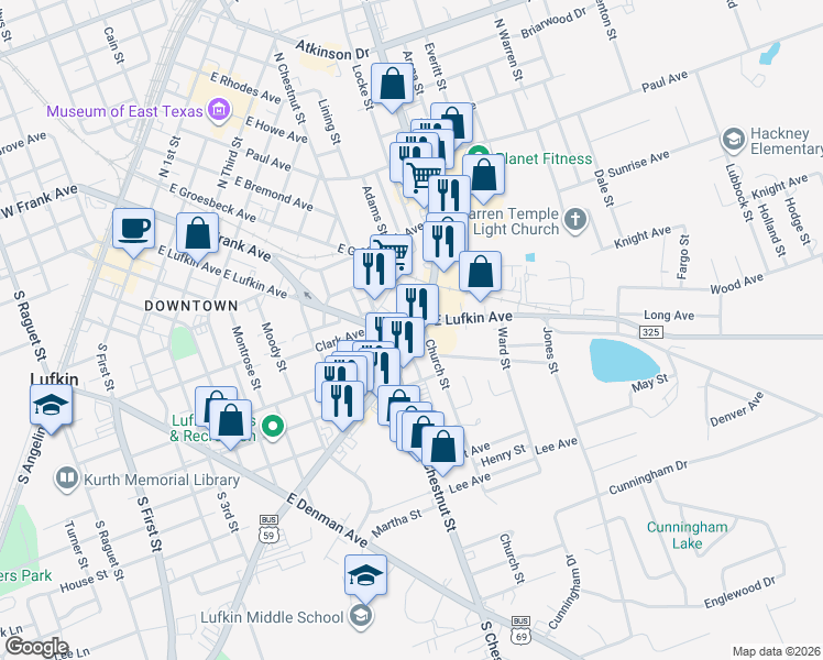 map of restaurants, bars, coffee shops, grocery stores, and more near 101-105 South Timberland Drive in Lufkin