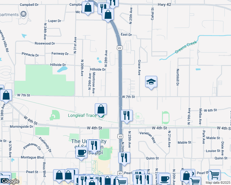 map of restaurants, bars, coffee shops, grocery stores, and more near 6313 U.S. 49 in Hattiesburg
