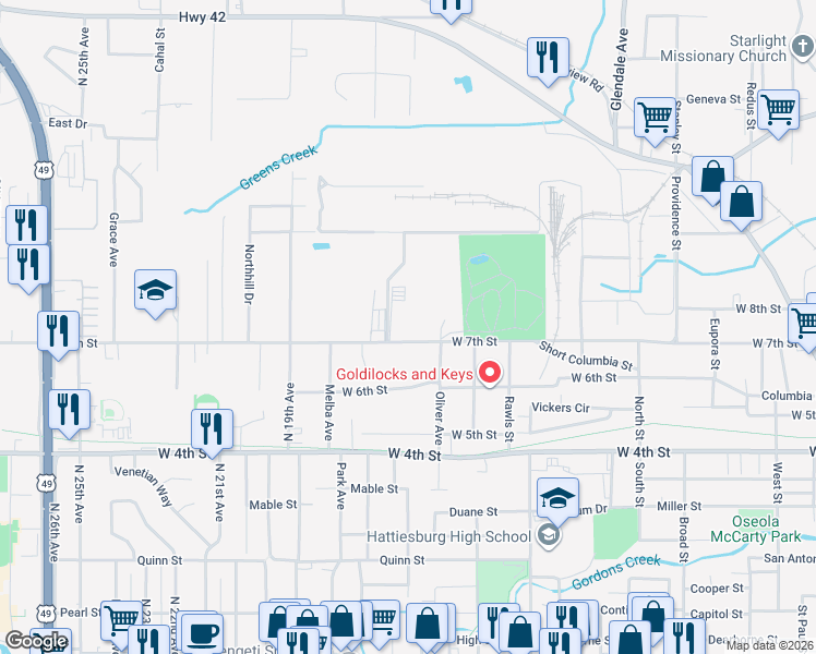 map of restaurants, bars, coffee shops, grocery stores, and more near 1214 W 7th St in Hattiesburg
