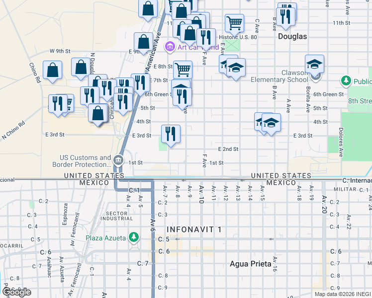 map of restaurants, bars, coffee shops, grocery stores, and more near 500 East 2nd Street in Douglas