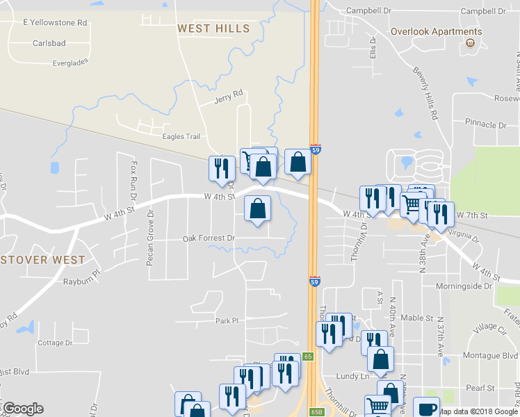 map of restaurants, bars, coffee shops, grocery stores, and more near 4403 Bayview Drive in Hattiesburg