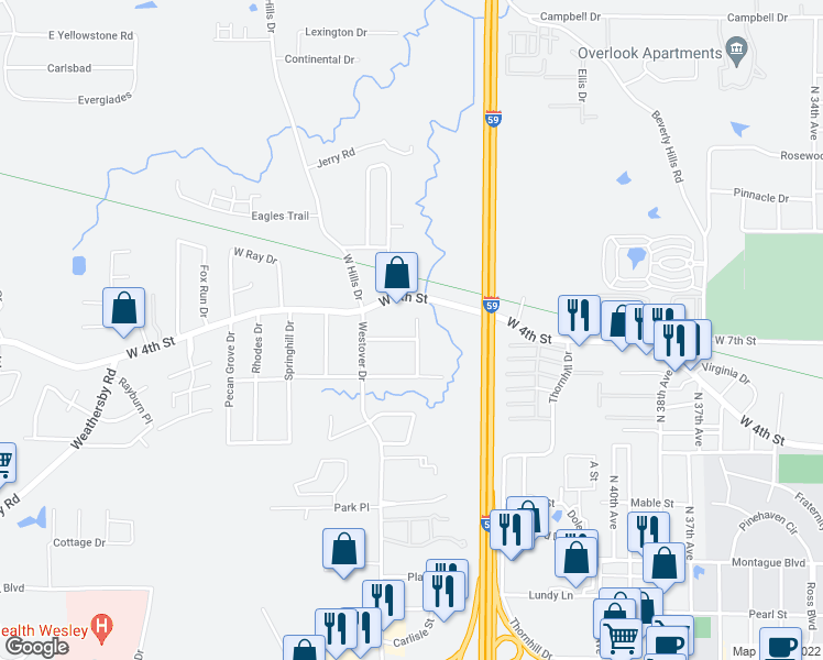 map of restaurants, bars, coffee shops, grocery stores, and more near 4401 Bayview Drive in Hattiesburg