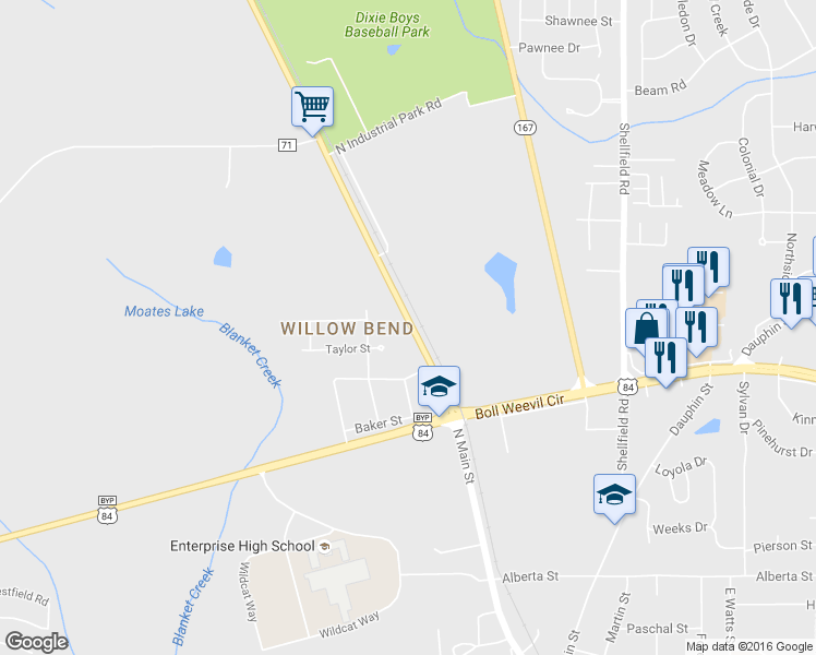 map of restaurants, bars, coffee shops, grocery stores, and more near 102 Gunter Lane in Enterprise