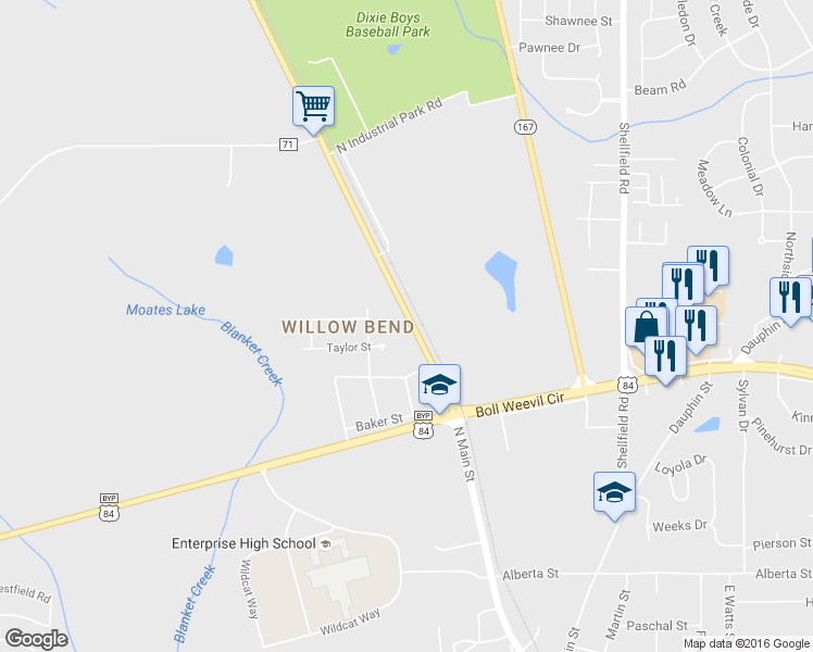 map of restaurants, bars, coffee shops, grocery stores, and more near 104 Gunter Lane in Enterprise