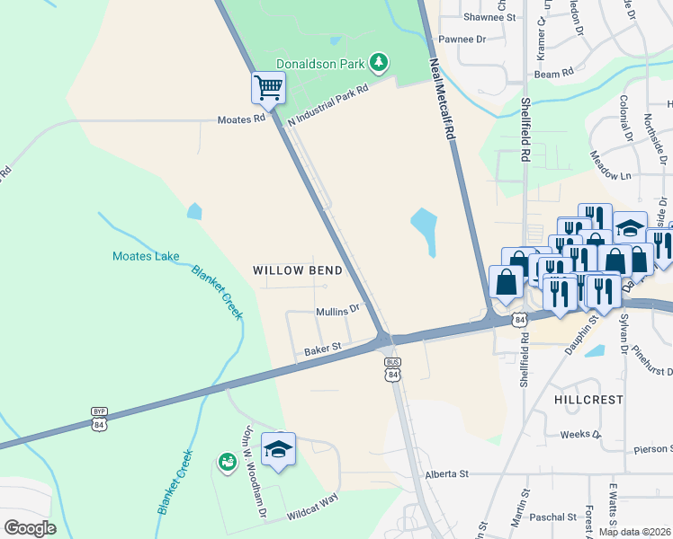 map of restaurants, bars, coffee shops, grocery stores, and more near 108 Gunter Lane in Enterprise