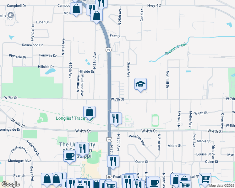 map of restaurants, bars, coffee shops, grocery stores, and more near 2503 West 7th Street in Hattiesburg