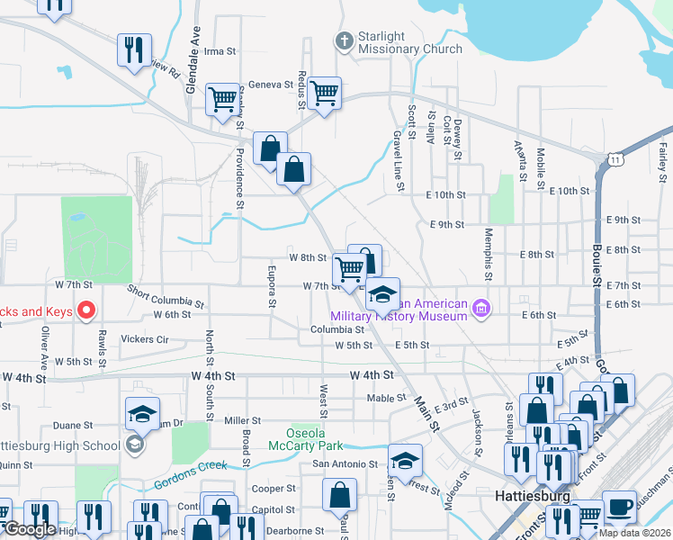map of restaurants, bars, coffee shops, grocery stores, and more near 1306 Main Street in Hattiesburg