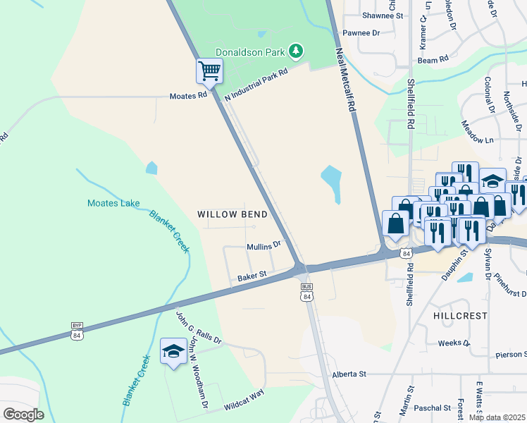 map of restaurants, bars, coffee shops, grocery stores, and more near 108 Gunter Lane in Enterprise