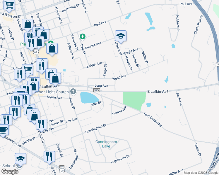 map of restaurants, bars, coffee shops, grocery stores, and more near 1712 Long Avenue in Lufkin