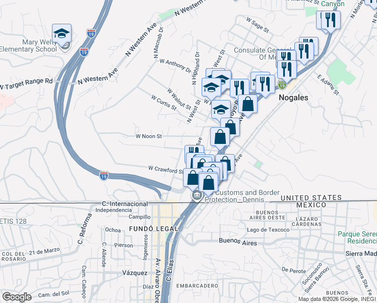 map of restaurants, bars, coffee shops, grocery stores, and more near 319 West Elm Street in Nogales