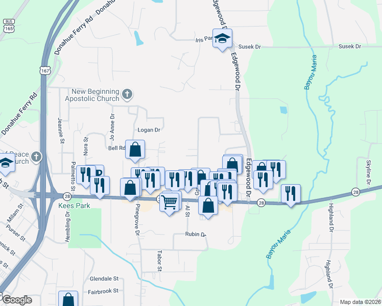 map of restaurants, bars, coffee shops, grocery stores, and more near 106 Pamela Drive in Pineville