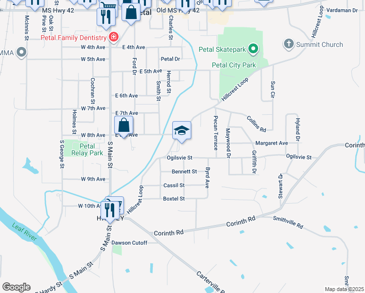 map of restaurants, bars, coffee shops, grocery stores, and more near 400 Hillcrest Loop in Petal