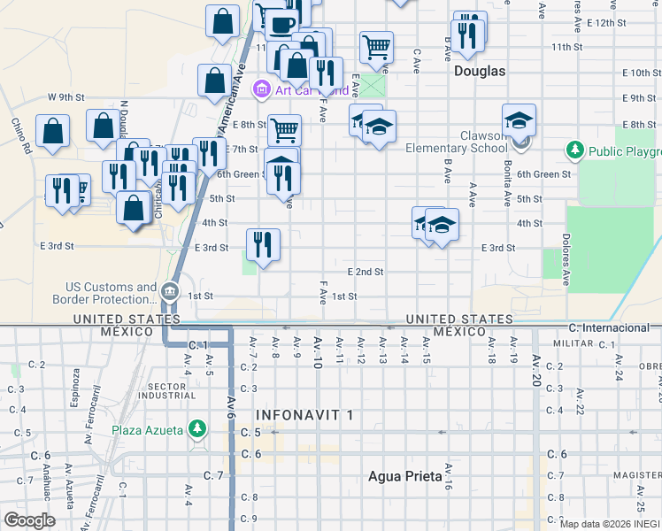 map of restaurants, bars, coffee shops, grocery stores, and more near 213 F Ave in Douglas