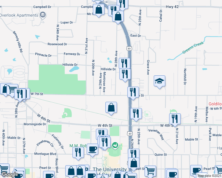map of restaurants, bars, coffee shops, grocery stores, and more near 707 Montrose Avenue in Hattiesburg