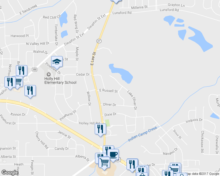 map of restaurants, bars, coffee shops, grocery stores, and more near 203 East Russell Street in Enterprise