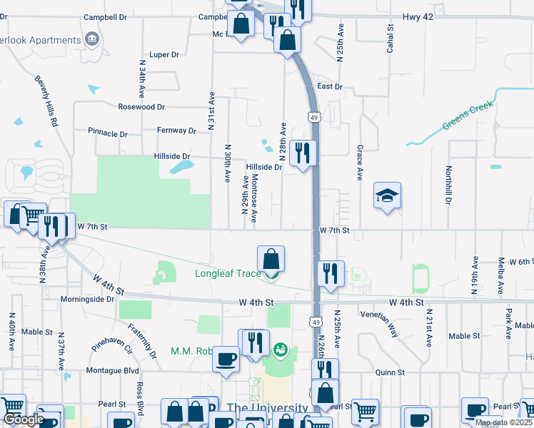 map of restaurants, bars, coffee shops, grocery stores, and more near 14 Pine Bark Cove in Hattiesburg