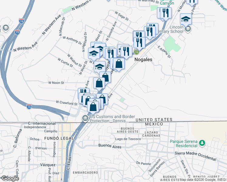 map of restaurants, bars, coffee shops, grocery stores, and more near North Morley Avenue & West Court Street in Nogales