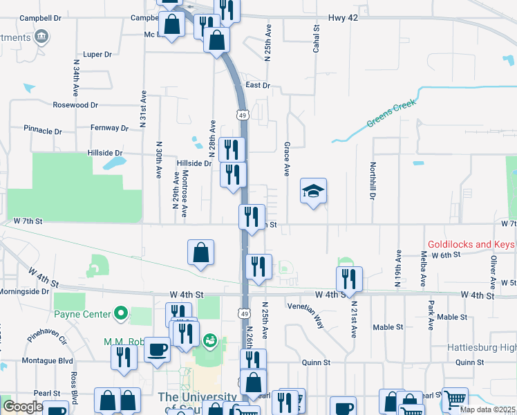 map of restaurants, bars, coffee shops, grocery stores, and more near 2503 West 7th Street in Hattiesburg