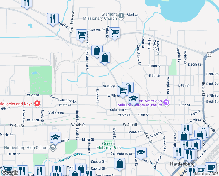 map of restaurants, bars, coffee shops, grocery stores, and more near 116 West 8th Street in Hattiesburg