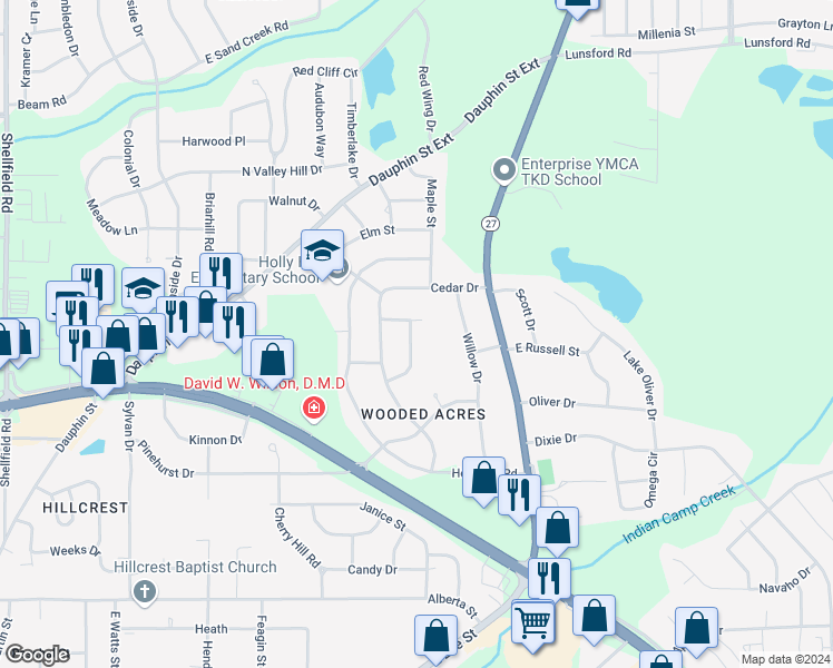 map of restaurants, bars, coffee shops, grocery stores, and more near 106 Willow Drive in Enterprise