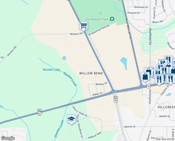 map of restaurants, bars, coffee shops, grocery stores, and more near 108 Lindsay Street in Enterprise