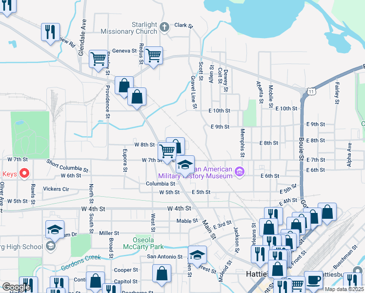 map of restaurants, bars, coffee shops, grocery stores, and more near 102 Montague Drive in Hattiesburg