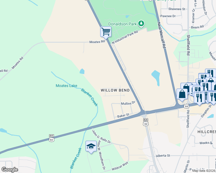 map of restaurants, bars, coffee shops, grocery stores, and more near 108 Lindsay Street in Enterprise