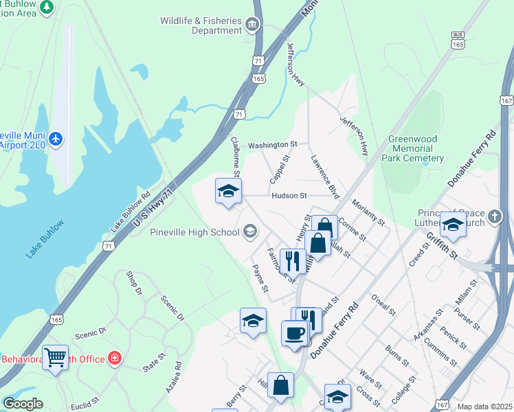 map of restaurants, bars, coffee shops, grocery stores, and more near 318 Claiborne Street in Pineville