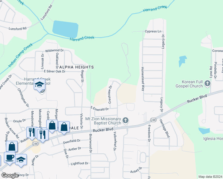 map of restaurants, bars, coffee shops, grocery stores, and more near 118 Crestview Drive in Enterprise