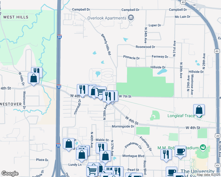 map of restaurants, bars, coffee shops, grocery stores, and more near 700 Beverly Hills Road in Hattiesburg