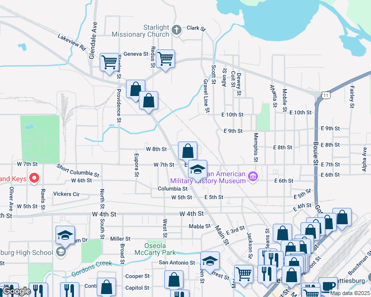 map of restaurants, bars, coffee shops, grocery stores, and more near 102 Montague Drive in Hattiesburg
