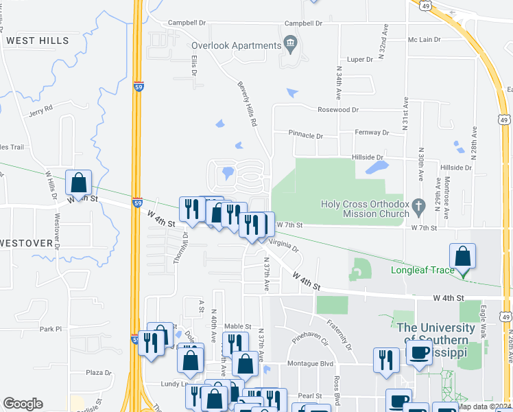map of restaurants, bars, coffee shops, grocery stores, and more near 700 Beverly Hills Road in Hattiesburg