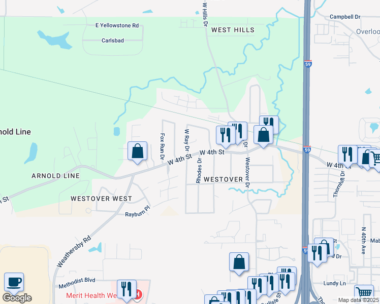 map of restaurants, bars, coffee shops, grocery stores, and more near 4701-4703 West 4th Street in Hattiesburg