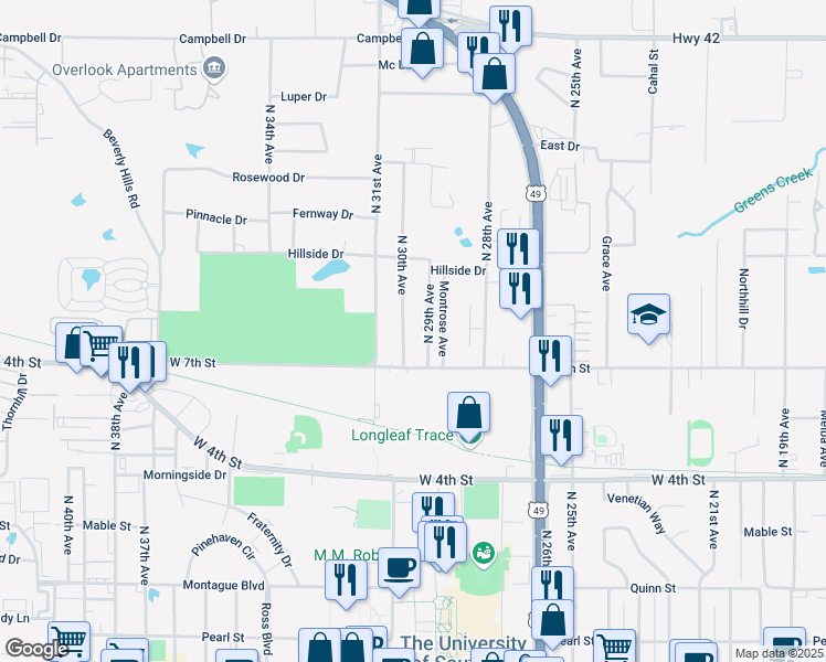map of restaurants, bars, coffee shops, grocery stores, and more near 715 North 30th Avenue in Hattiesburg