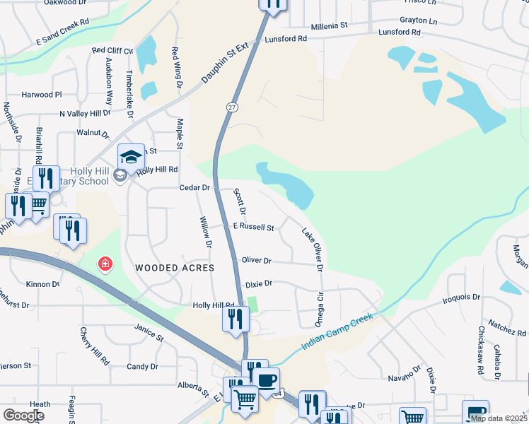 map of restaurants, bars, coffee shops, grocery stores, and more near 203 East Russell Street in Enterprise