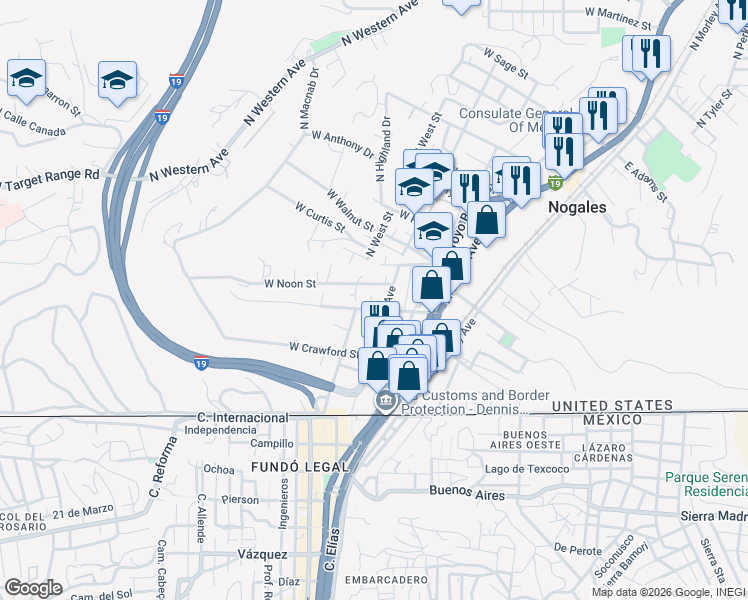 map of restaurants, bars, coffee shops, grocery stores, and more near 319 West Elm Street in Nogales