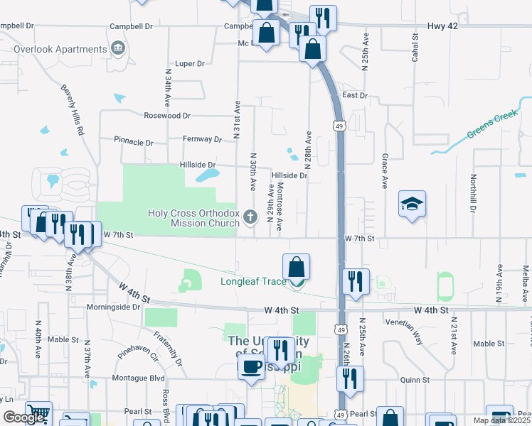 map of restaurants, bars, coffee shops, grocery stores, and more near 715 North 30th Avenue in Hattiesburg
