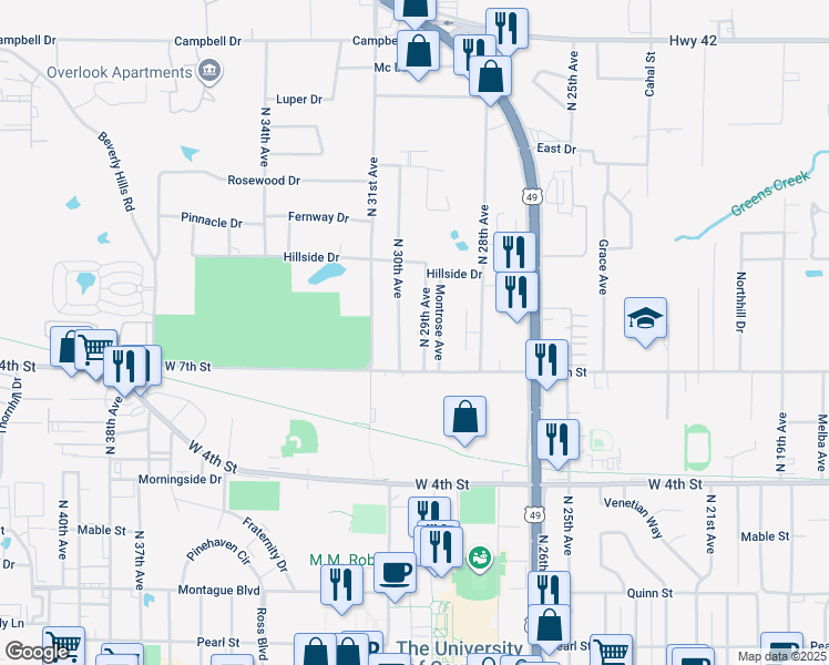 map of restaurants, bars, coffee shops, grocery stores, and more near 714 North 29th Avenue in Hattiesburg